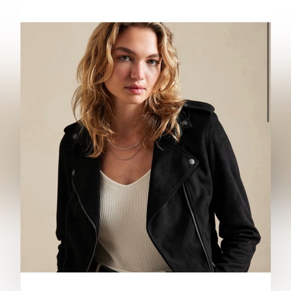 Banana Republic Factory black Faux Suede vegan leather short biker Jacket S - Picture 16 of 16